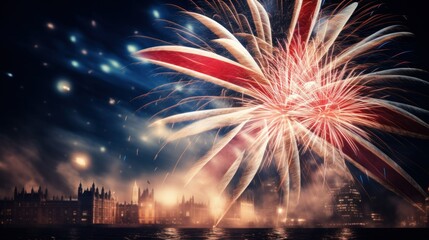 Guy Fawkes Night Bonfire festive background with United Kingdom flag blowing in the wind at Fireworks background. UK Guy Fawkes Night, Bonfire Night and Fireworks Night background