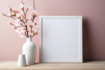 Cherry blossoms and an empty frame. Minimalistic spring mock up with space for text. Visual backdrop for a creative workshop or art class. 