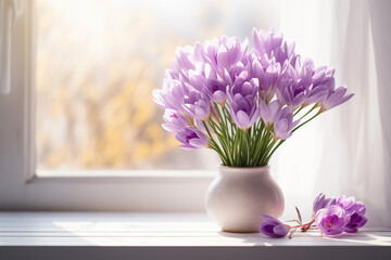 Lilac crocuses in a sunlit window. Banner with copy space for elebrating the start of spring....