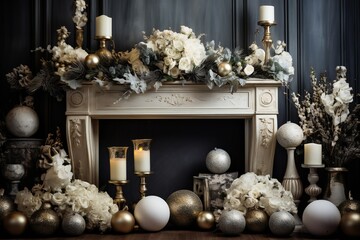 Stylish interior christmas decorations near fireplace near wall indoors