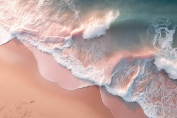 Aerial top view of a beach with pink sand and a breaking wave in summer. Turquoise water with sea foam crushing on a beach