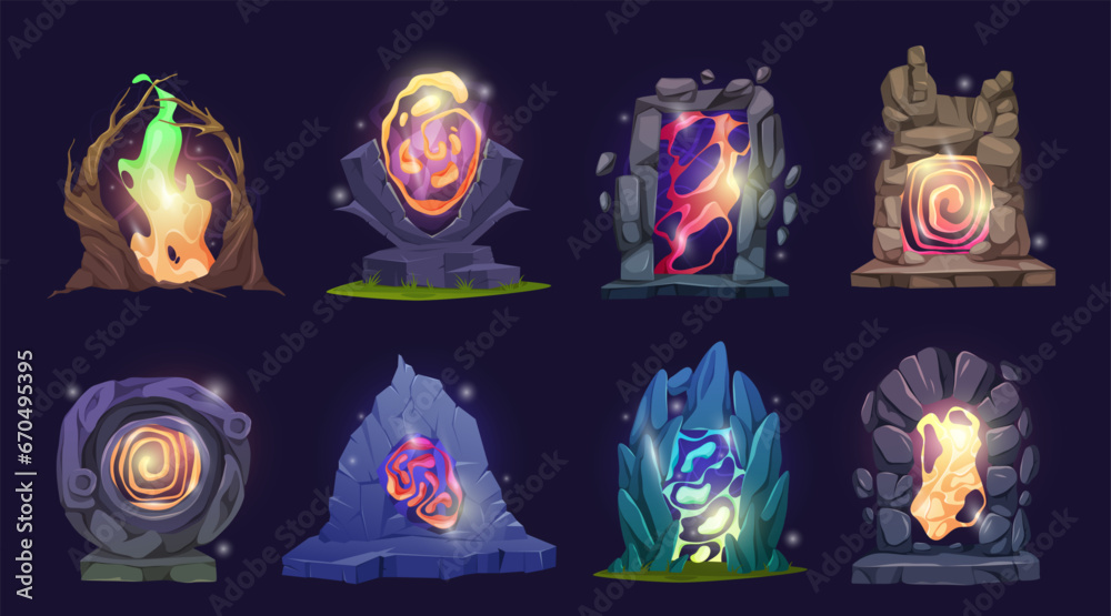 Poster ancient magic portals and gates to other world. isolated fantasy doors with glowing and beaming surf