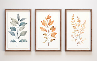 Botanical wall art , Golden foliage line art drawing with watercolor, frames 2:3 ,Abstract Plant Art design for wall framed prints.