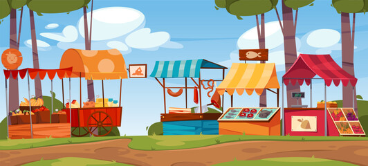 Market or fair in park, kiosks selling assortment of products. Vector booths with cheese and vegetables, stalls with fish and fruits, shop or store with meat and sausages production from farm