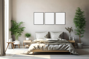 Modern bedroom wall art mockup photography. Very light illuminated minimalist modern interior.