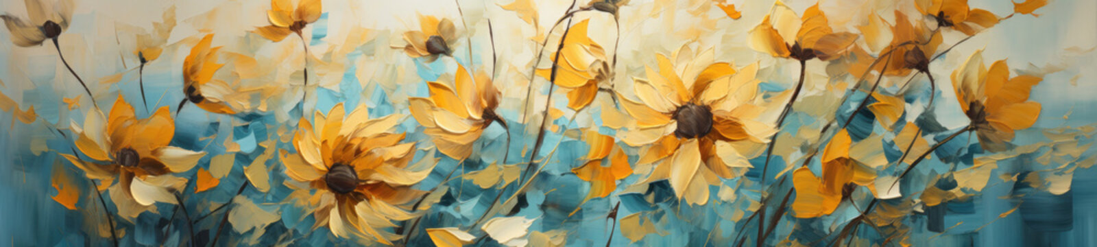 In this abstract oil and acrylic painting, a sunflower stands out against a textured canvas background, merging the beauty of nature with artistic texture, suitable for both wallpaper and artwork.