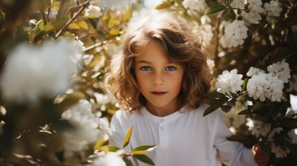 Fototapeta premium Portrait of a cute little girl with blond curly hair and blue eyes in a white blouse on a background of spring flowers. Generative AI