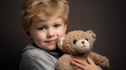 Portrait of a cute little boy holding a teddy bear. Generative AI