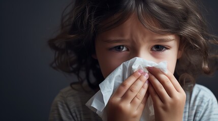 Little girl with a cold and flu blowing her nose in a tissue Generative AI