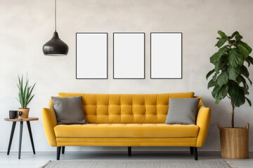 Modern living room with yellow sofa wall art mock up. Set of three frames in a minimalist modern interior