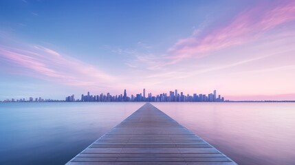 Wooden pier and modern city skyline at sunset. 3d rendering Generative AI