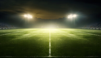 Football stadium, shiny lights, view from field. Soccer concept. football stadium before championship with bright lights. grass field in stadium at night. 
