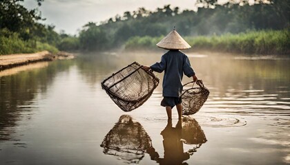 Asian little child fisherman holding fish trap walking along the river in the morning. - obrazy, fototapety, plakaty