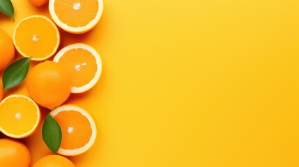 Creative layout made of fresh oranges on yellow background. Flat lay, top view, copy space Generative AI