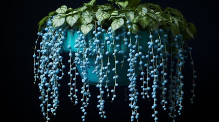 A string of pearls plant cascading delicately from a vibrant cerulean pot.