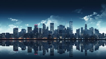 Fototapeta premium Night cityscape with skyscrapers and reflection in the water. Generative AI