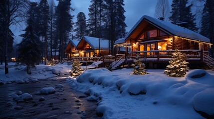 Christmas light in enchantment winter evening climate. Snowfall. Log cabins gleaming within the nightfall encompassed by snow on foundation