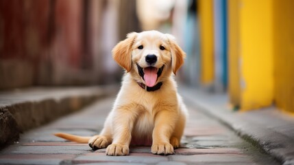 Cheerful puppy puppy grinning on disconnected yellow foundation