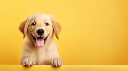Cheerful puppy puppy grinning on disconnected yellow foundation