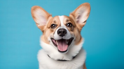 Cheerful pooch puppy winking an eye and grinning on colored blue foundation with closed eyes - obrazy, fototapety, plakaty