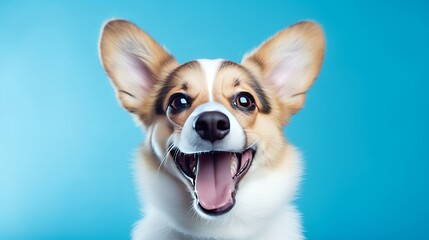 Cheerful pooch puppy winking an eye and grinning on colored blue foundation with closed eyes