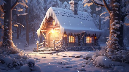Bungalow secured with ice and snow in winter. Candlelight shining through window - obrazy, fototapety, plakaty