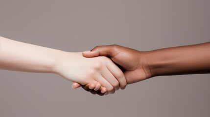 Cropped image of African-American man and woman shaking hands isolated on grey Generative AI