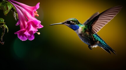 Fototapeta premium Blue hummingbird Violet Sabrewing flying another to excellent ruddy blossom. Tinny winged creature fly in wilderness. Natural life in tropic Costa Rica. Two winged creature sucking nectar