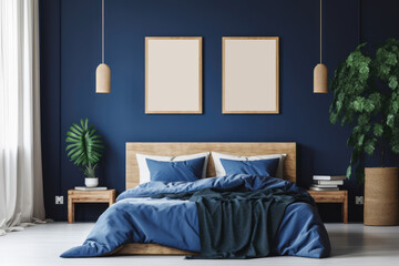 Indigo blue bedroom wall art mock up. Set of two frames above bed wall art in minimalist modern interior