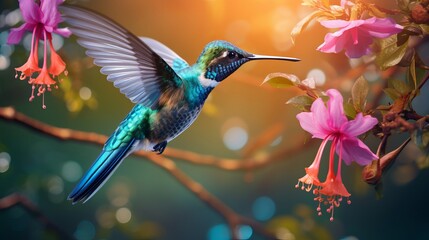 Blue hummingbird Violet Sabrewing flying another to excellent ruddy blossom. Tinny winged creature fly in wilderness. Natural life in tropic Costa Rica. Two winged creature sucking nectar - obrazy, fototapety, plakaty