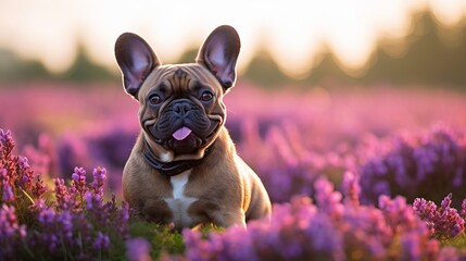 Beat see of lovely little brown French Bulldog canine sitting in a field of purple blossoming heather 'Calluna vulgaris' plants - obrazy, fototapety, plakaty