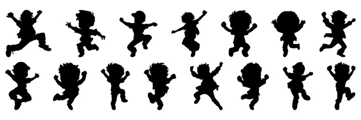 Jumping kids silhouettes set, large pack of vector silhouette design, isolated white background
