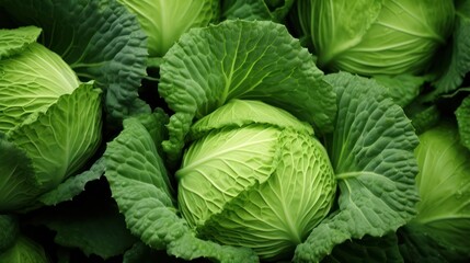 Fresh green cabbage in a vegetable garden, close-up. Food background. Generative AI - obrazy, fototapety, plakaty