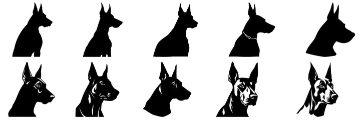 Dog doberman silhouettes set, large pack of vector silhouette design, isolated white background