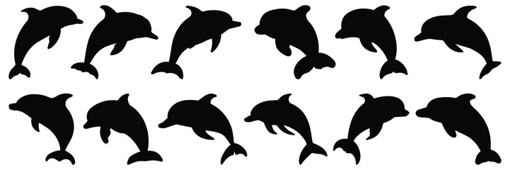Dolphin silhouettes set, large pack of vector silhouette design, isolated white background