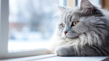 Persian cat sitting on the windowsill and looking out the window Generative AI