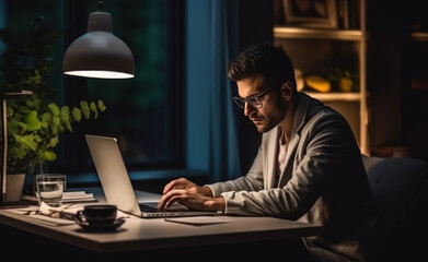 Web designer at work: Professional man working towards a project with deadline in sight. Business man using a laptop while working late in his home office.