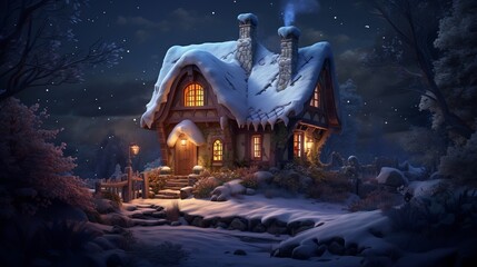 Cottage within the woods on a winter Christmas night. Starry tracks within the sky