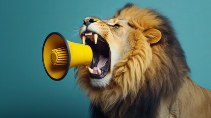 Cool wonderful lion holding and shouting into a yellow amplifier on a blue foundation. Trade...