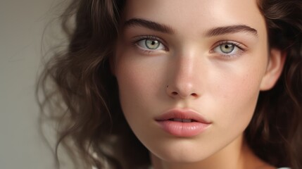 Fototapeta premium Portrait of a beautiful young woman with long brown hair. Studio shot. Generative AI