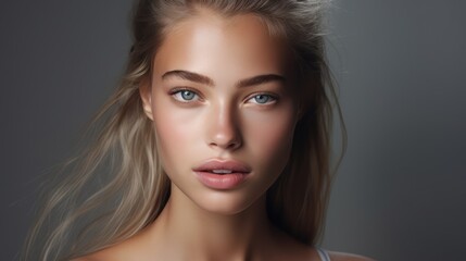 Naklejka premium Beautiful woman face. Portrait of a beautiful young woman with perfect skin and makeup. Generative AI