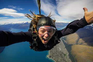 Female skydiver jumps from the aircraft. Extreme sport - obrazy, fototapety, plakaty