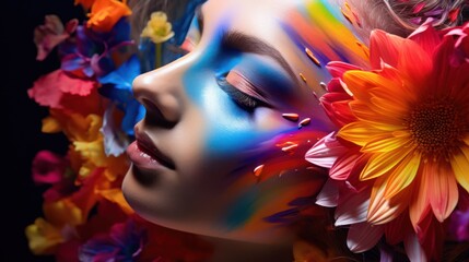 Fashion portrait of beautiful young woman with bright make-up and flowers Generative AI