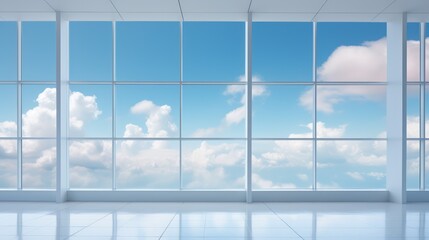 Blue sky with clouds and window in office. 3D rendering. Generative AI
