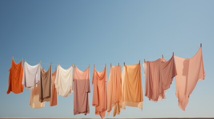 Clothes drying on a rope against the blue sky. illustration. Generative AI - obrazy, fototapety, plakaty