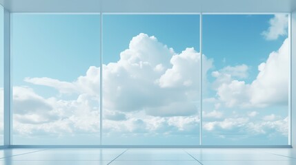 Blue sky with white clouds in the window. 3d rendering. Generative AI