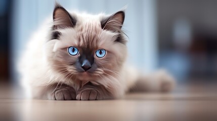 Clever gray cat and grinning mutts with lovely huge eyes on stylish blue foundation. Exquisite soft cats, puppy of pomeranian spitz and pug climbs out of gap in colored foundation