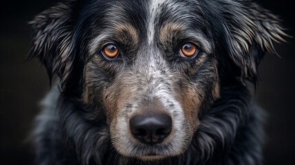 Clever creatures, imposing canine with multi-colored eyes makes scowls, close-up photo. Tall quality photo