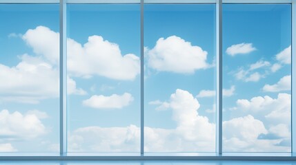 Glass wall with blue sky and white clouds background. illustration. Generative AI