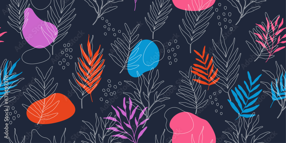 Poster Hand drawn summer tropical pattern with dark background. Vector pattern with leaves, colored shapes on background. Seamless and colored.